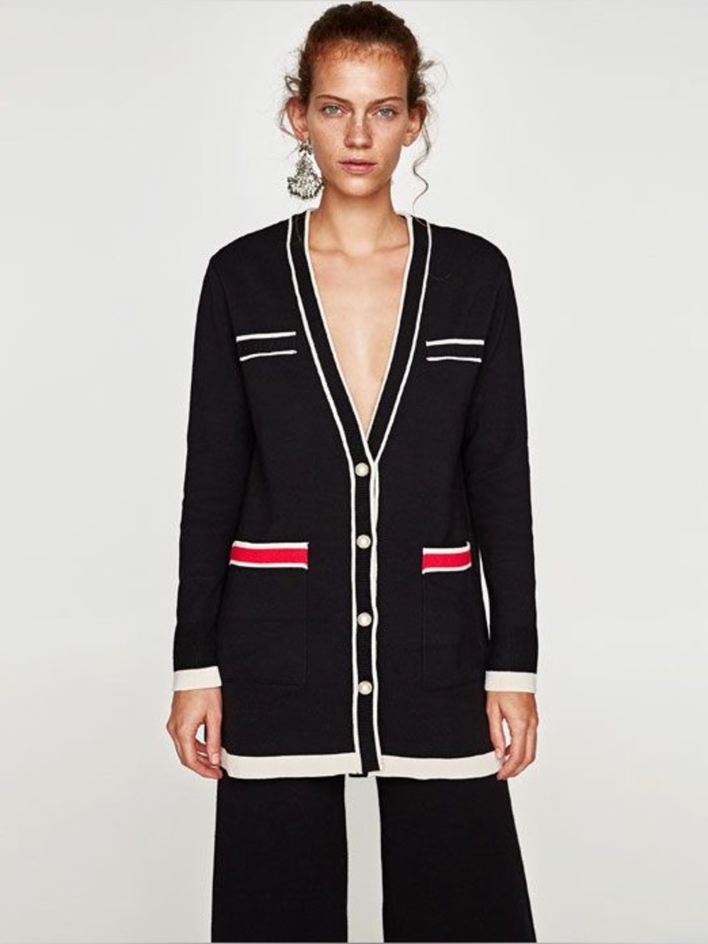 Zara Contrast Piping Knit Long Cardigan Black White Red Pocket Like New S
